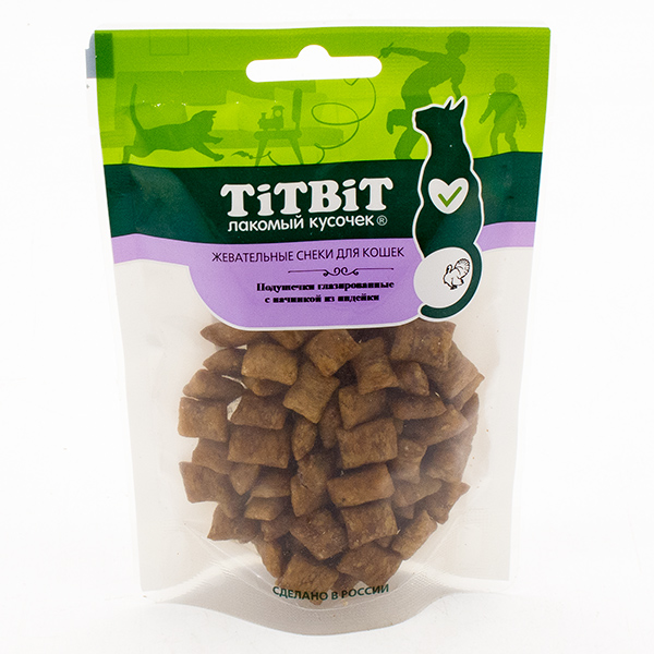 TiTBit Снеки для кошек - Подушечки глазированные с начинкой из индейки 